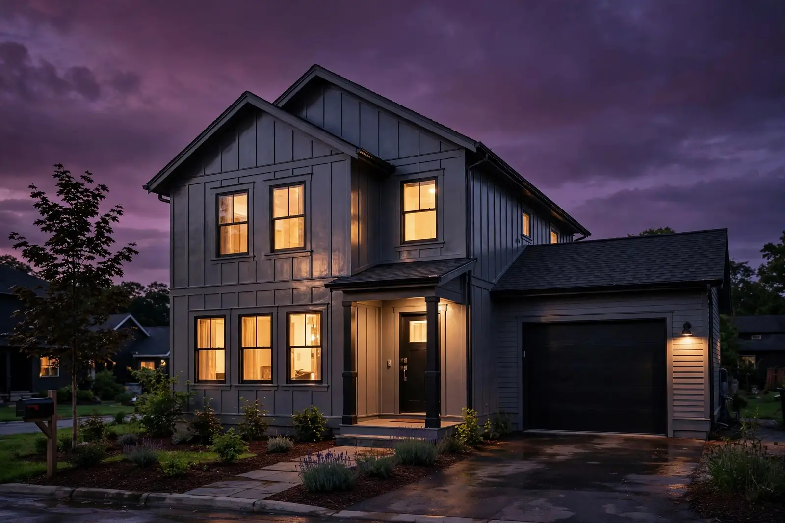 Freshly painted house exterior at dusk with warm windows glowing