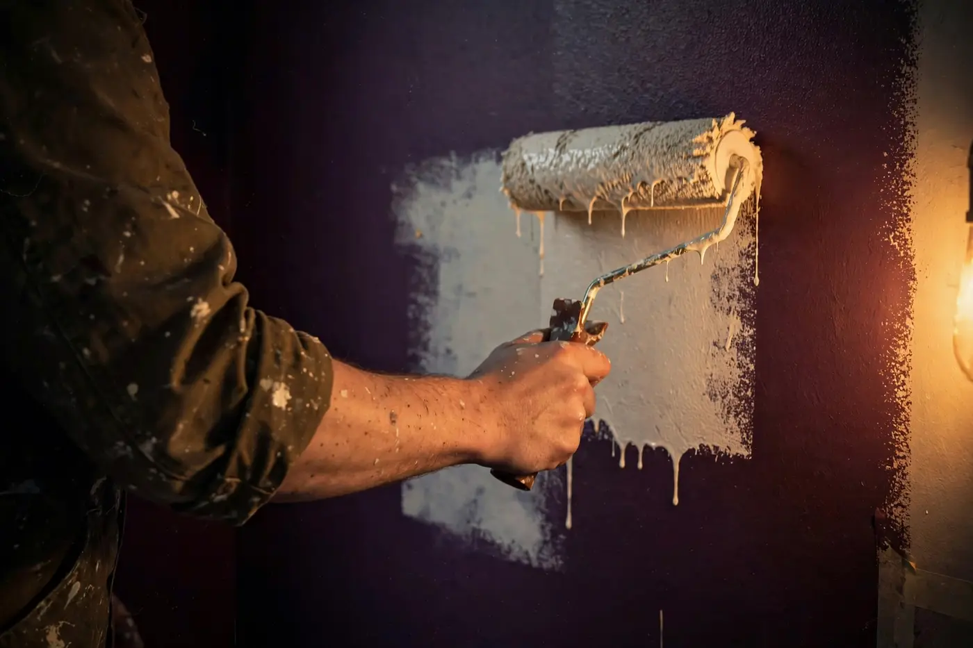 A painter rolling fresh paint onto a wall in warm lamplight